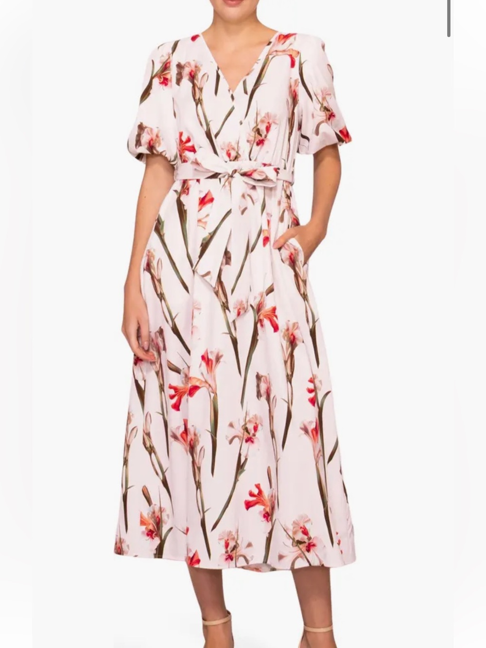MELLODAY Pink Floral Wrap Midi Dress with Tie Waist